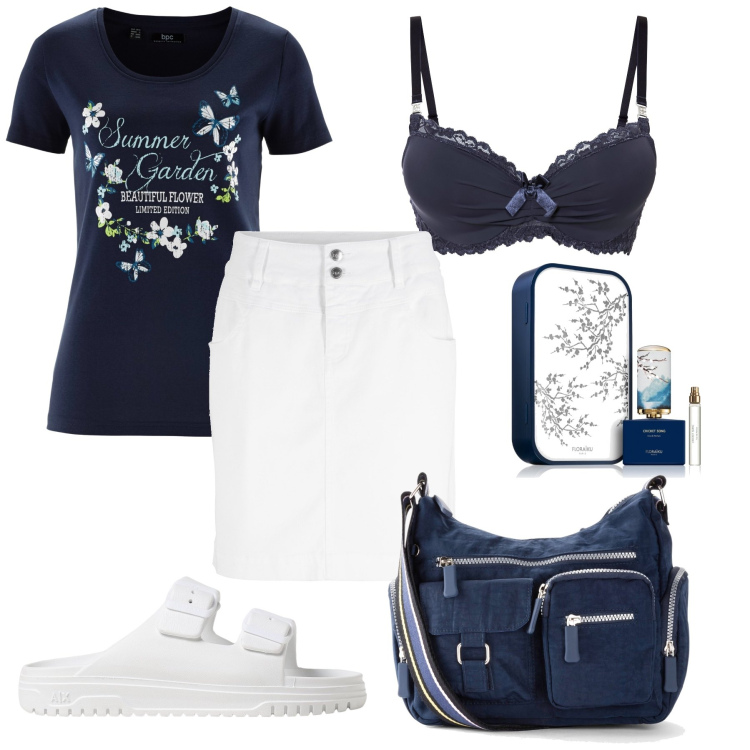Outfit donna - Il reggiseno coordinato. Stile Casual per Tutti i giorni. Abbinamento con t-shirt, borse a tracolla, minigonne, reggiseni, profumi, sandali.