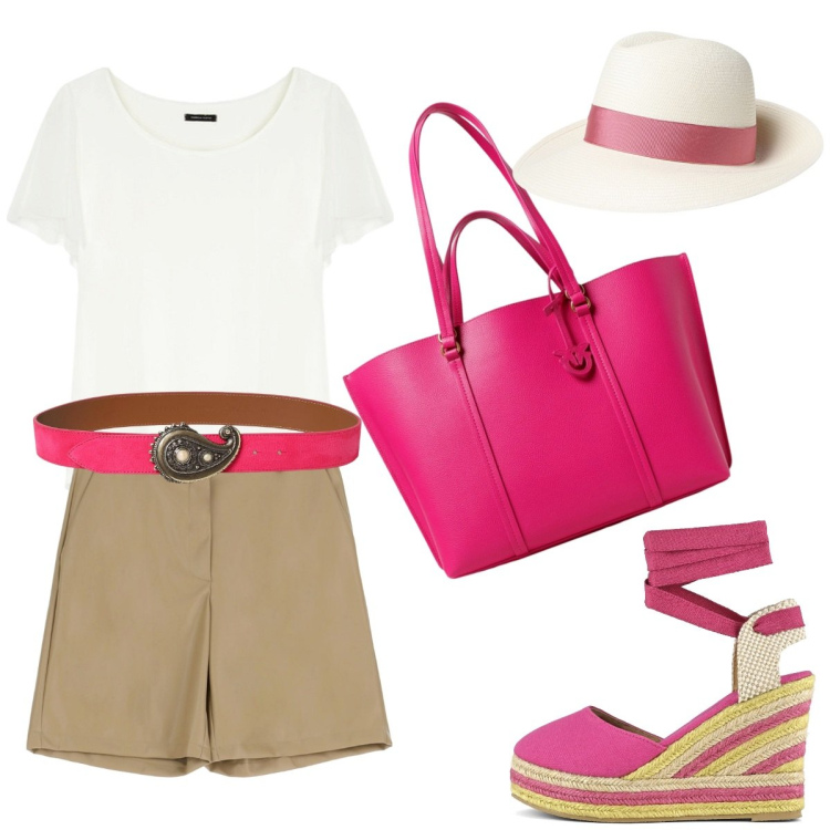 Outfit donna - Vacanziera in costiera. Stile Trendy per Mare. Abbinamento con shorts, espadrillas, borse tote, cappelli, cinture, t-shirt.