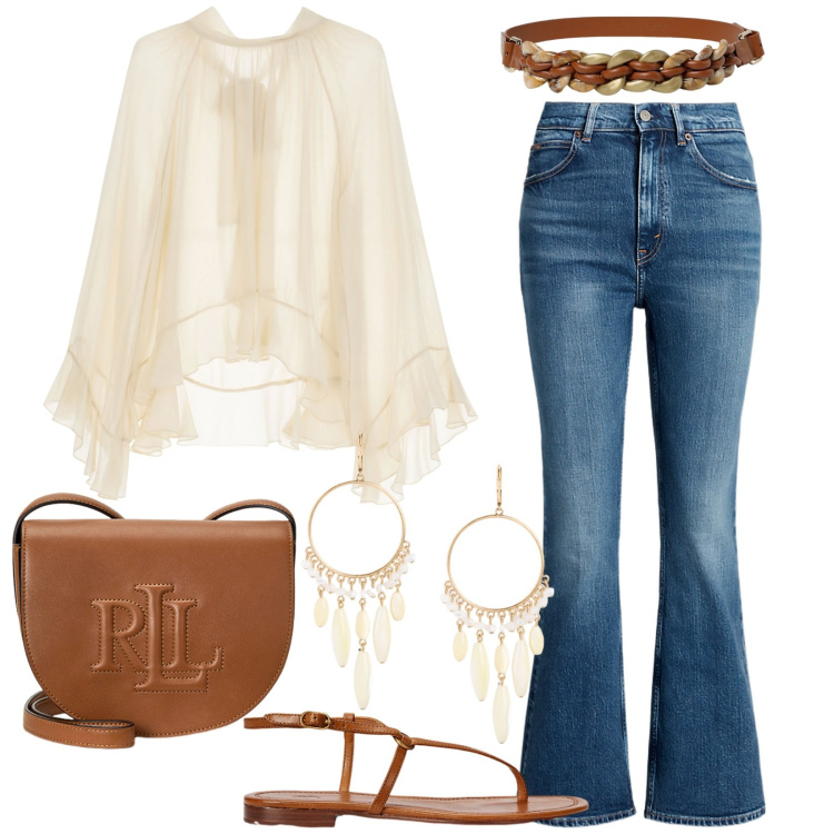 Outfit donna - Trasparenze boho. Stile Boho per Serata fuori. Abbinamento con camicie, borse a tracolla, jeans, orecchini, sandali in pelle, cinture.