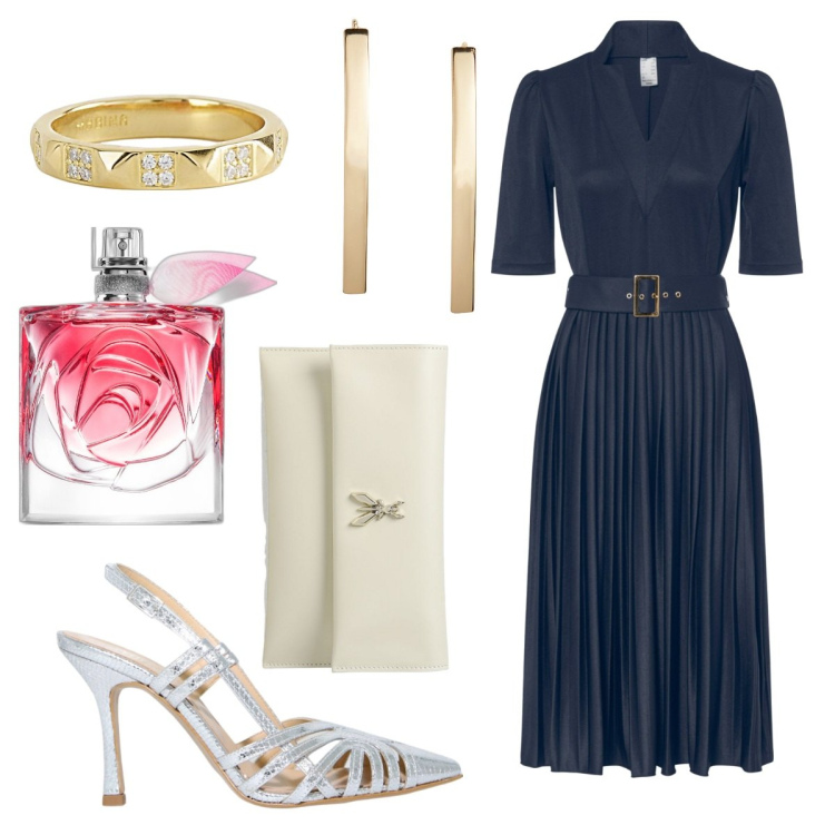 Outfit donna - Cena estiva all\'aperto. Stile Bon Ton per Serata fuori. Abbinamento con vestiti midi/longuette, profumi, anelli, sandali in pelle, orecchini, clutch.