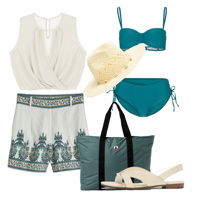 Outfit donna - Arabeschi agli orli. Stile Chic per Mare. Abbinamento con bikini, shorts, sandali, cappelli, top, borse tote.