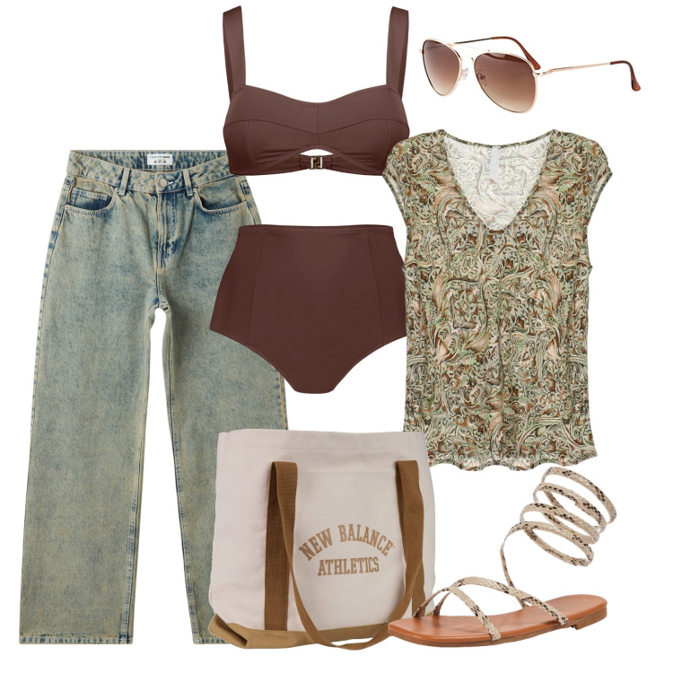 Outfit donna - Col costume sotto i jeans. Stile Casual chic per Tutti i giorni. Abbinamento con occhiali da sole, sandali, jeans, borse tote, canottiere, bikini.