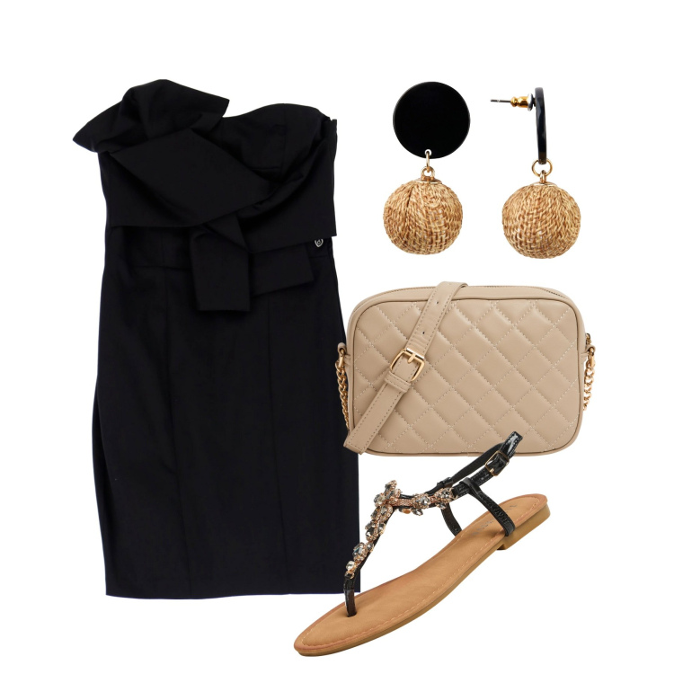 Outfit donna - Un tubino per la cena in centro. Stile Chic per Serata fuori. Abbinamento con orecchini, sandali gioiello, borse a tracolla, vestiti corti.