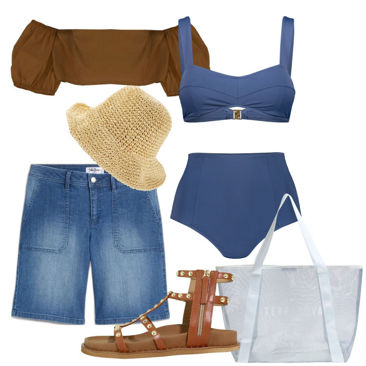 Outfit donna - Denim e cioccolato. Stile Casual chic per Mare. Abbinamento con cappelli, bermuda, shopping bag, top, sandali, bikini.