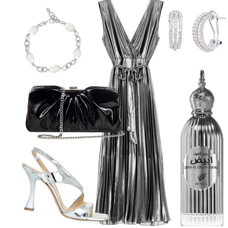 Outfit donna - Brillante. Stile Chic per Serata fuori. Abbinamento con profumi, orecchini, braccialetti, pochette, vestiti midi/longuette, sandali in pelle.