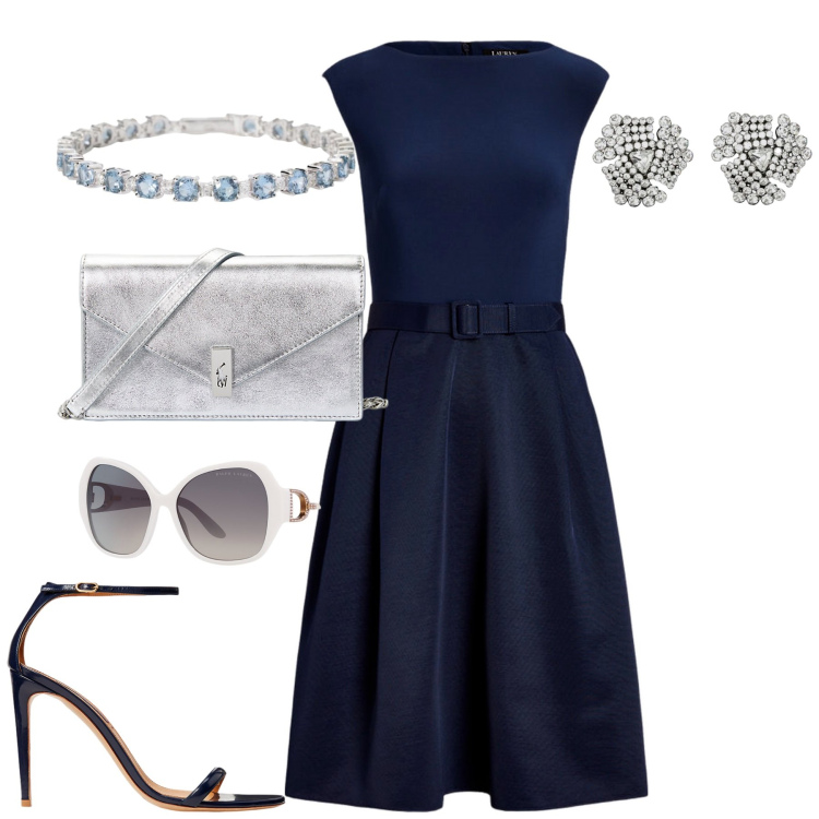 Outfit donna - Cocktail party. Stile Chic per Serata fuori. Abbinamento con braccialetti, occhiali da sole, vestiti, clutch, sandali in pelle, orecchini.