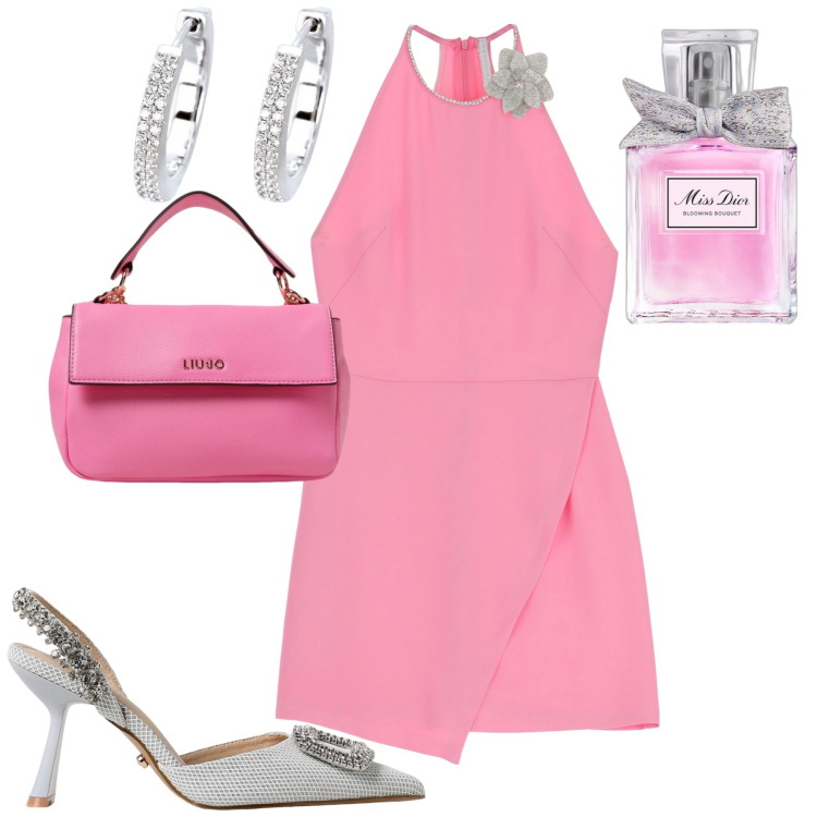 Outfit donna - Serata. Stile Glamour per Serata fuori. Abbinamento con profumi, orecchini, vestiti corti, borse a mano, scarpe col tacco.