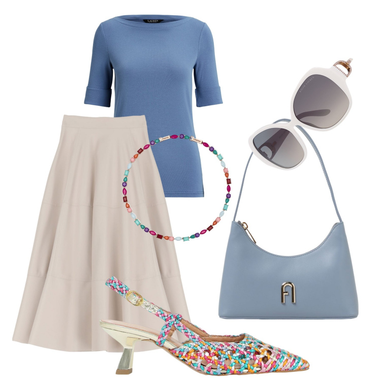 Outfit donna - La gonna che fluttua H24. Stile Bon Ton per Tutti i giorni. Abbinamento con collane, sandali in pelle, gonne longuette, occhiali da sole, t-shirt, borse a spalla.