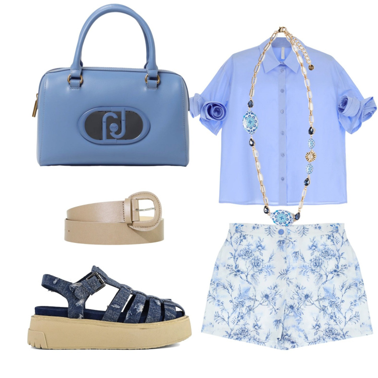 Outfit donna - Shorts a fiori. Stile Casual per Tutti i giorni. look ideale per Petite. Abbinamento con camicie a manica corta, shorts, cinture, ciondoli, sandali, borse a mano.