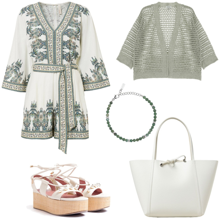 Outfit donna - Passeggiando sul lungomare di sera. Stile Etnico per Serata fuori. Abbinamento con tute, braccialetti, sandali col tacco, cardigans, borse a spalla.