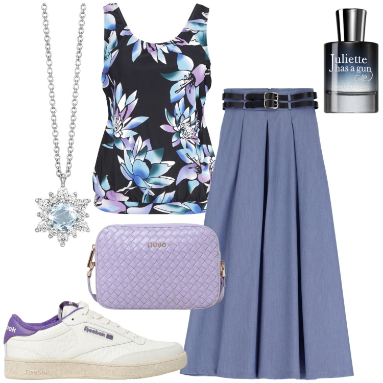 Outfit donna - Total look #1936641. Stile Casual per Tutti i giorni. Abbinamento con top, profumi, collane, gonne longuette, sneakers, borse a tracolla.