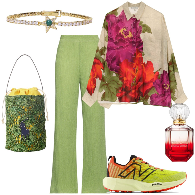 Outfit donna - Total look #1936642. Stile Casual chic per Tutti i giorni. Abbinamento con pantaloni, profumi, braccialetti, sneakers, borse a secchiello, camicie.