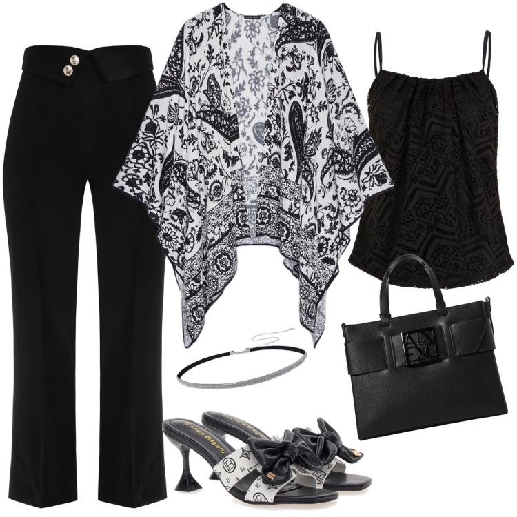 Outfit donna - Serata chic. Stile Boho per Serata fuori. Abbinamento con top, pantaloni a palazzo, kimono, ciabatte, borse a mano, cinture.