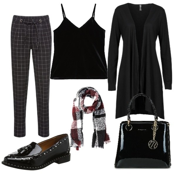 Outfit donna - Quadretti. Stile Basic per Ufficio. Abbinamento con cardigans, pantalone a quadri nero, scialli, borsetta nero, mocassini in pelle nero, canottiera con spalline sottili in velluto.
