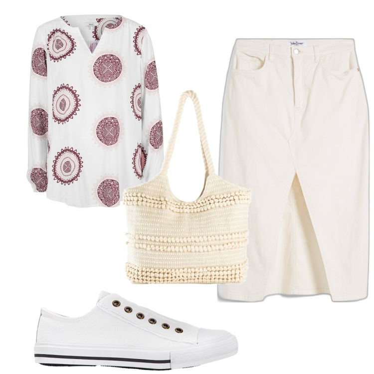 Outfit donna - Total look #1936690. Stile Trendy per Tutti i giorni. Abbinamento con tuniche, sneakers, gonne longuette, shopping bag.