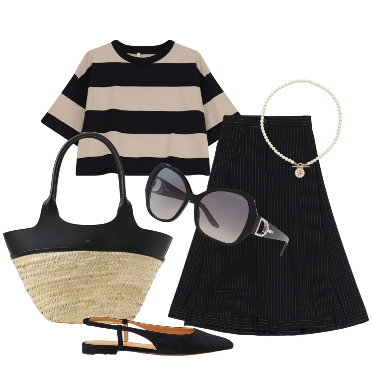 Outfit donna - Ghost outfitter - agosto. Stile Bon Ton per Tutti i giorni. Abbinamento con t-shirt, gonne longuette, ciondoli, occhiali da sole, ballerine, borse a spalla.