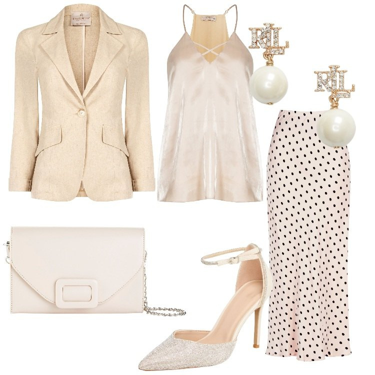 Outfit donna - Toni neutri per la cerimonia serale. Stile Chic per Cerimonia. Abbinamento con pochette, décolleté, gonne, top, blazer, orecchini.