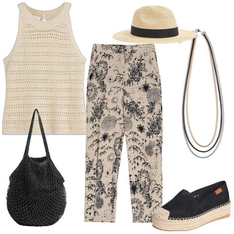 Outfit donna - Total look #1936715. Stile Casual per Tutti i giorni. Abbinamento con top, cappelli, espadrillas, borse a tracolla, pantaloni, collane.