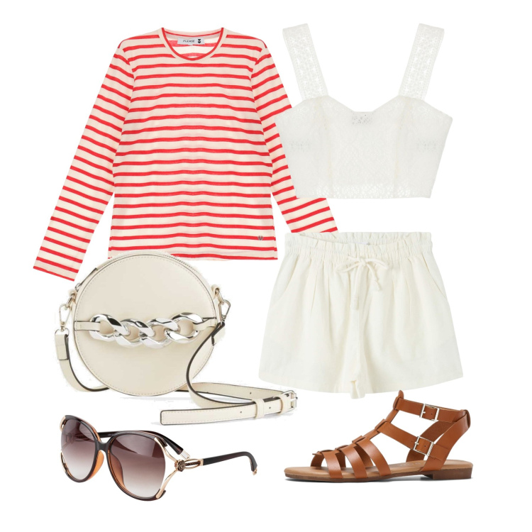 Outfit donna - Ghost outfitter - agosto. Stile Casual chic per Tutti i giorni. Abbinamento con occhiali da sole, borse a tracolla, sandali, shorts, t-shirt, top.