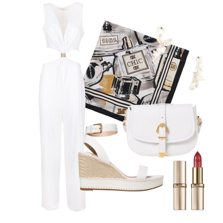 Outfit donna - Ghost outfitter - agosto. Stile Glamour per Serata fuori. Abbinamento con rossetti, tute, borse a tracolla, orecchini, sandali in pelle, foulard.