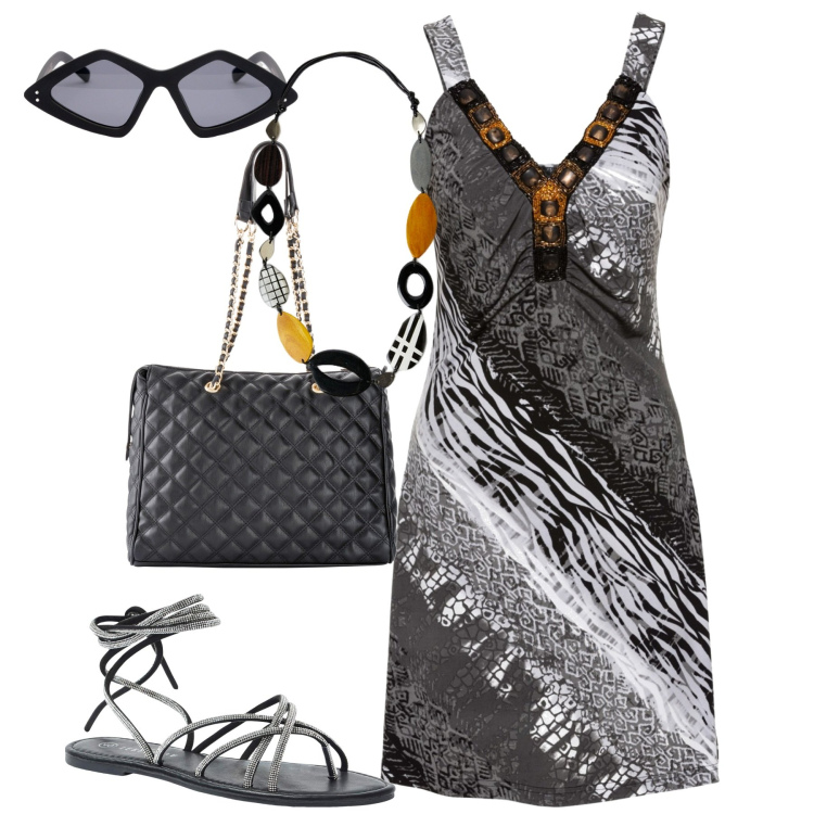 Outfit donna - Summer. Stile Urban per Tutti i giorni. Abbinamento con shopping bag, vestiti, sandali alla schiava, occhiali da sole, collane.
