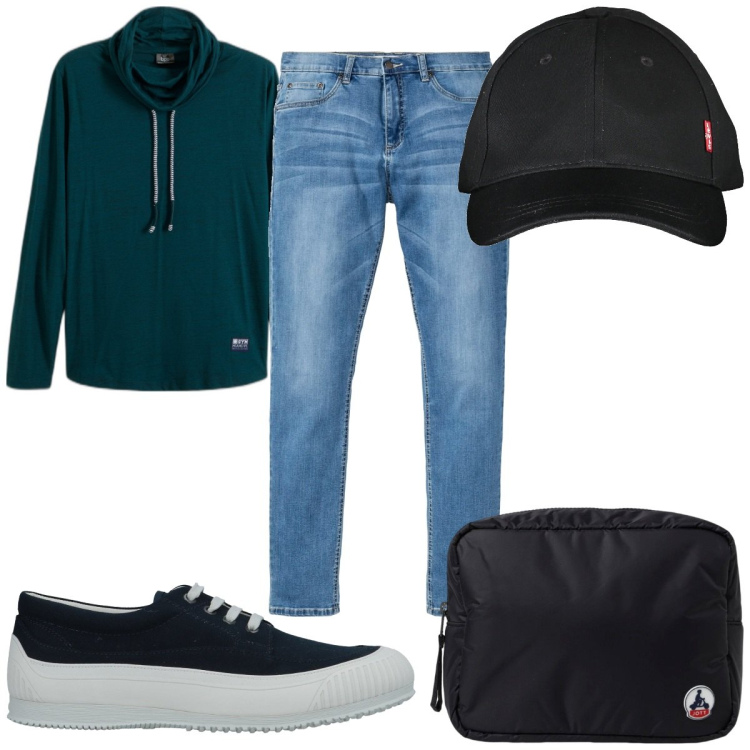 Outfit uomo - Total look #1936876. Stile Trendy per Tutti i giorni. Abbinamento con jeans, maglieria, sneakers, cappelli con visiera, borse sportive.