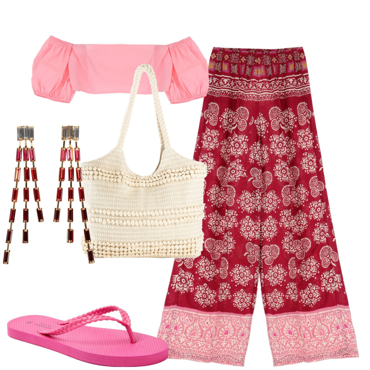 Outfit donna - Al mare. Stile Trendy per Mare. Abbinamento con shopping bag, orecchini, infradito, pantaloni a palazzo, top.