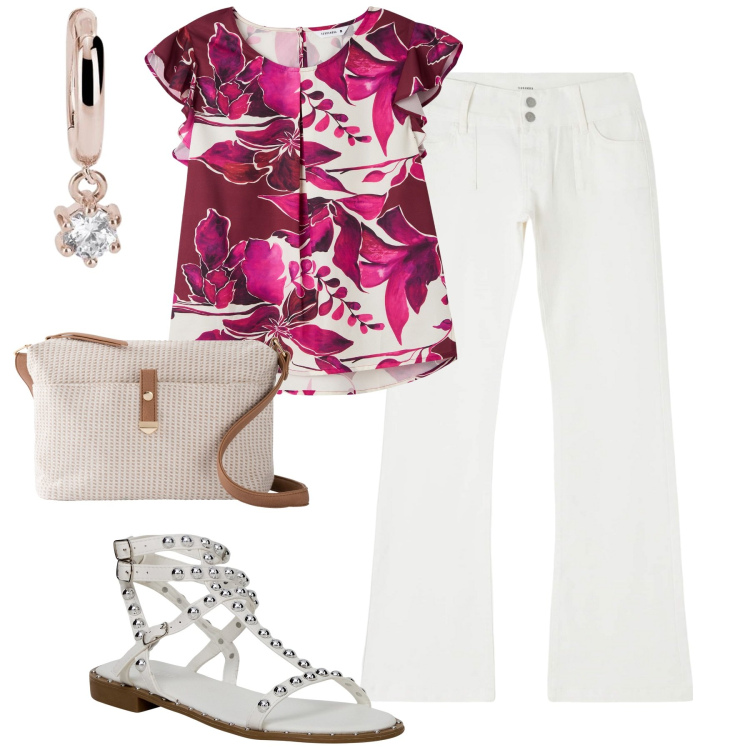 Outfit donna - Agosto. Stile Casual chic per Tutti i giorni. Abbinamento con borse a tracolla, bluse, pantaloni, sandali, orecchini.