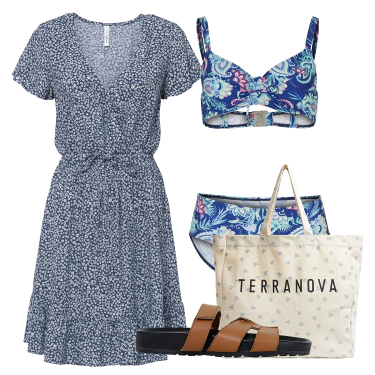 Outfit donna - Il mercatino al villaggio. Stile Bon Ton per Tutti i giorni. Abbinamento con vestiti corti, bikini, shopping bag, sandali.