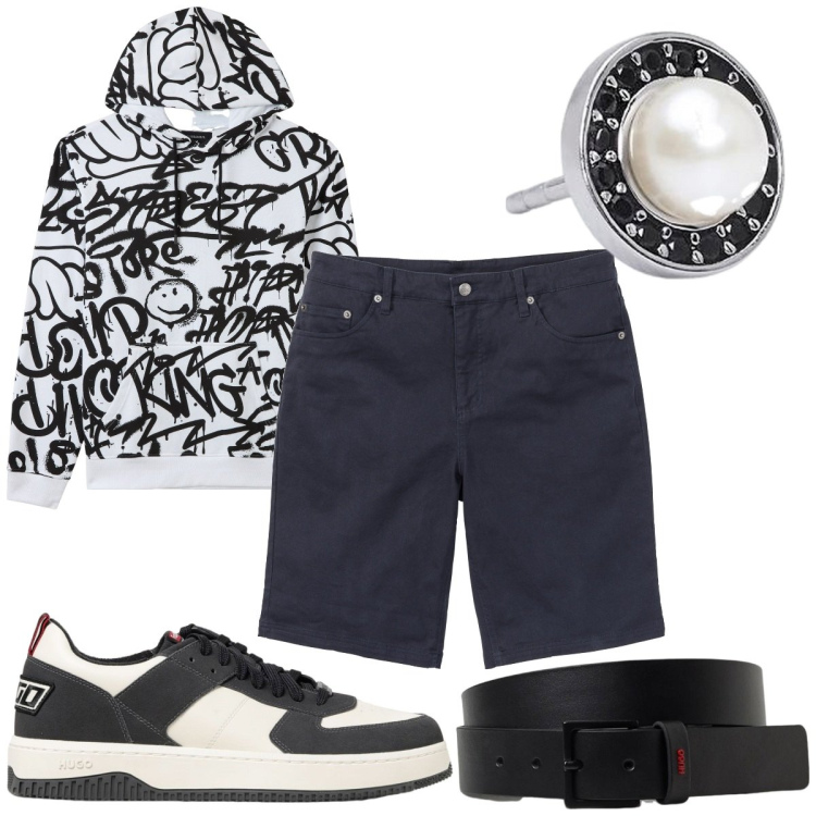 Outfit uomo - Total look #1936897. Stile Urban per Tutti i giorni. Abbinamento con bermuda, felpe con cappuccio, orecchini, sneakers, cinture.
