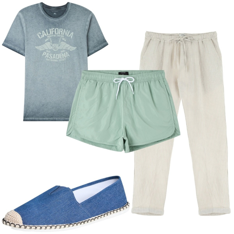Outfit uomo - Total look #1936908. Stile Trendy per Mare. Abbinamento con t-shirt, costumi, espadrillas, pantaloni.