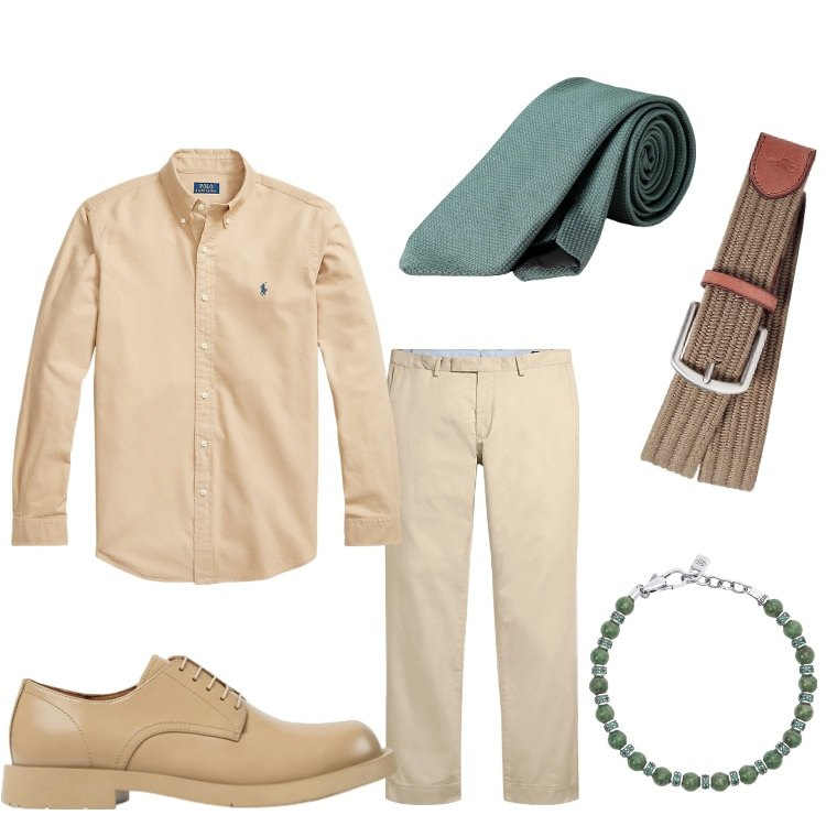 Outfit uomo - Stile in estate. Stile Business/Elegante per Ufficio. Abbinamento con braccialetti, pantaloni chino, cinture, camicie, scarpe stringate, cravatte.