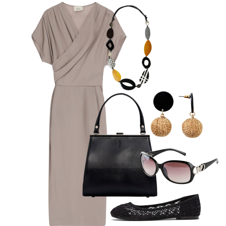Outfit donna - Formale ma creativa in ufficio. Stile Bon Ton per Ufficio. Abbinamento con orecchini, ballerine, occhiali da sole, vestiti midi/longuette, clutch, collane.