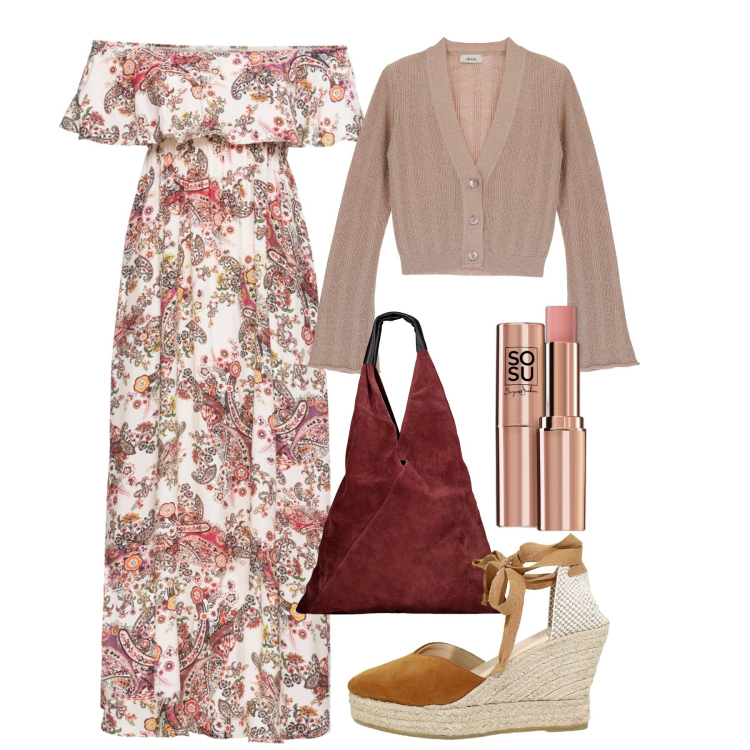 Outfit donna - La sagra in collina. Stile Romantica per Tutti i giorni. Abbinamento con vestiti lunghi, blush, cardigans, zeppe, borse a spalla.