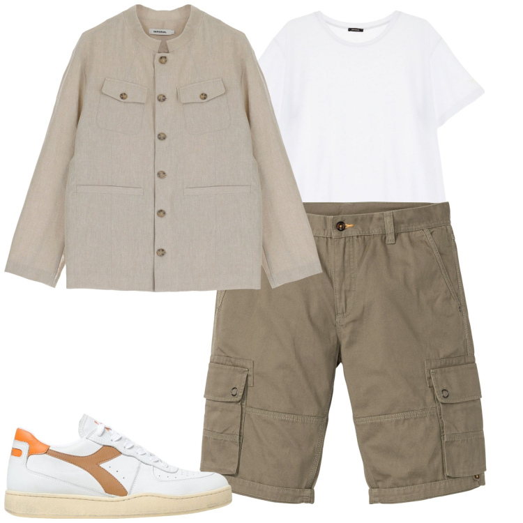 Outfit uomo - Agosto. Stile Urban per Tutti i giorni. Abbinamento con bermuda, t-shirt, giacche, sneakers.
