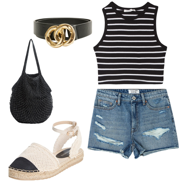 Outfit donna - Vacanze in Riviera con Terranova. Stile Casual chic per Tutti i giorni. Abbinamento con shorts, top, borse a tracolla, espadrillas, cinture.
