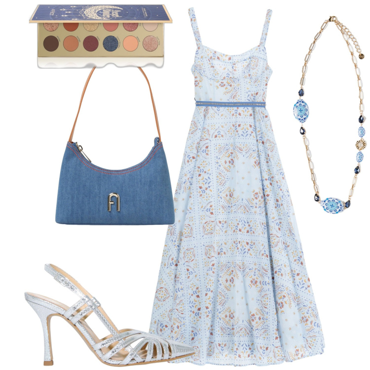 Outfit donna - A cena. Stile Trendy per Serata fuori. Abbinamento con ombretti, vestiti lunghi, sandali in pelle, ciondoli, borse a spalla.