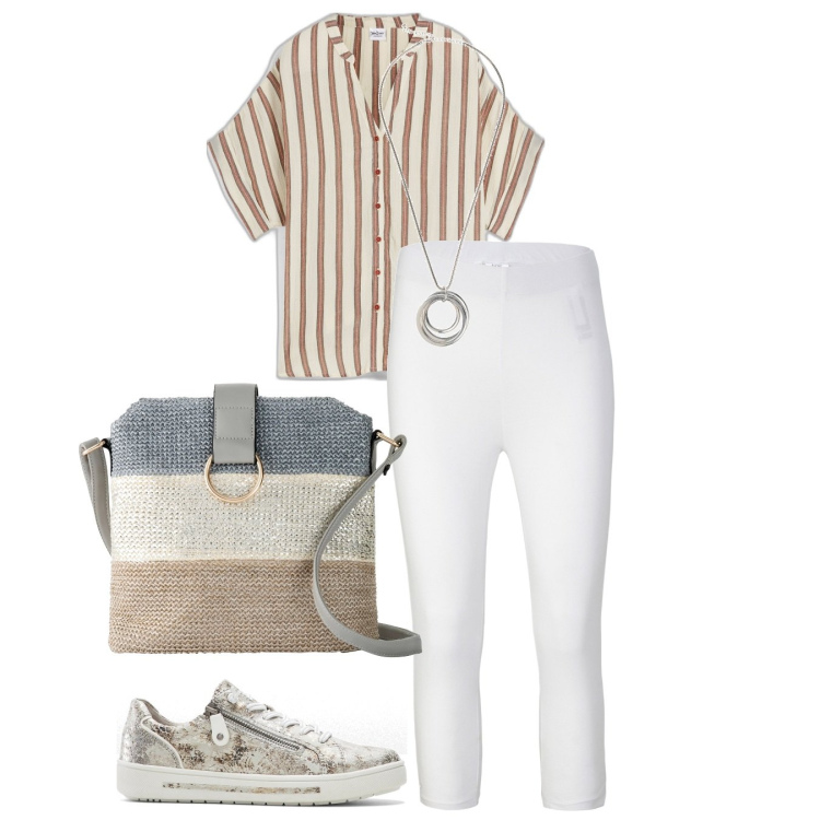 Outfit donna - Neutri. Stile Casual per Tutti i giorni. Abbinamento con leggings, camicie a manica corta, borse a tracolla, collane, sneakers.
