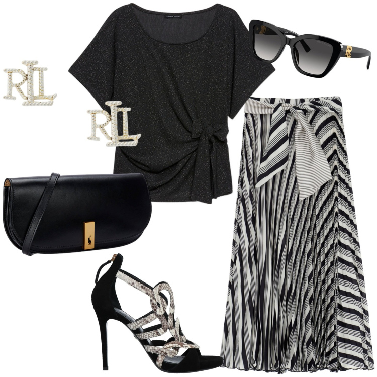 Outfit donna - Total look #1937003. Stile Chic per Serata fuori. Abbinamento con sandali in pelle, gonne lunghe, orecchini, occhiali da sole, clutch, t-shirt.