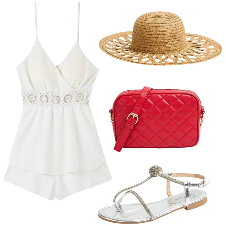 Outfit donna - In vacanza con Terranova. Stile Glamour per Mare. Abbinamento con tuta corta, borse a tracolla, ciabatte, cappelli.