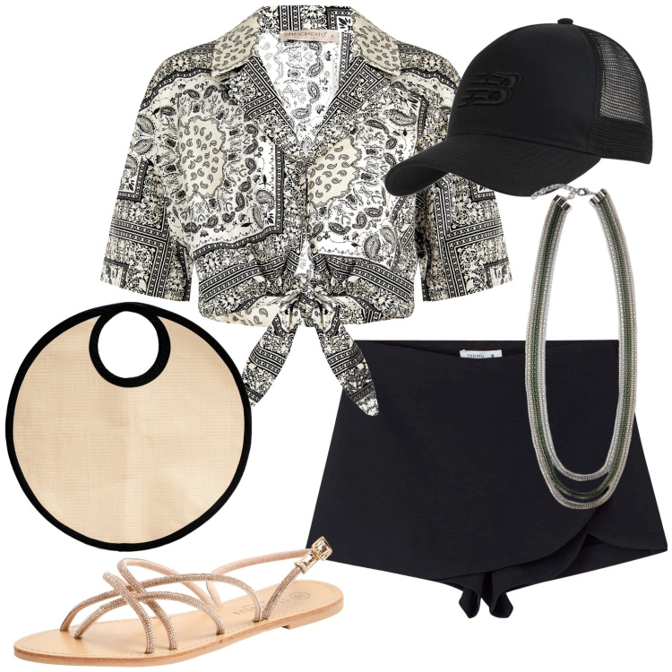 Outfit donna - Total look #1937008. Stile Casual per Tutti i giorni. Abbinamento con minigonne, sandali, cappelli con visiera, camicie, borse a mano, collane.
