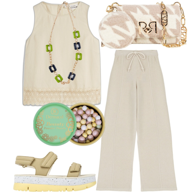 Outfit donna - Total look #1937015. Stile Casual per Tutti i giorni. Abbinamento con top, blush, borse a tracolla, pantaloni, sandali in pelle, ciondoli.