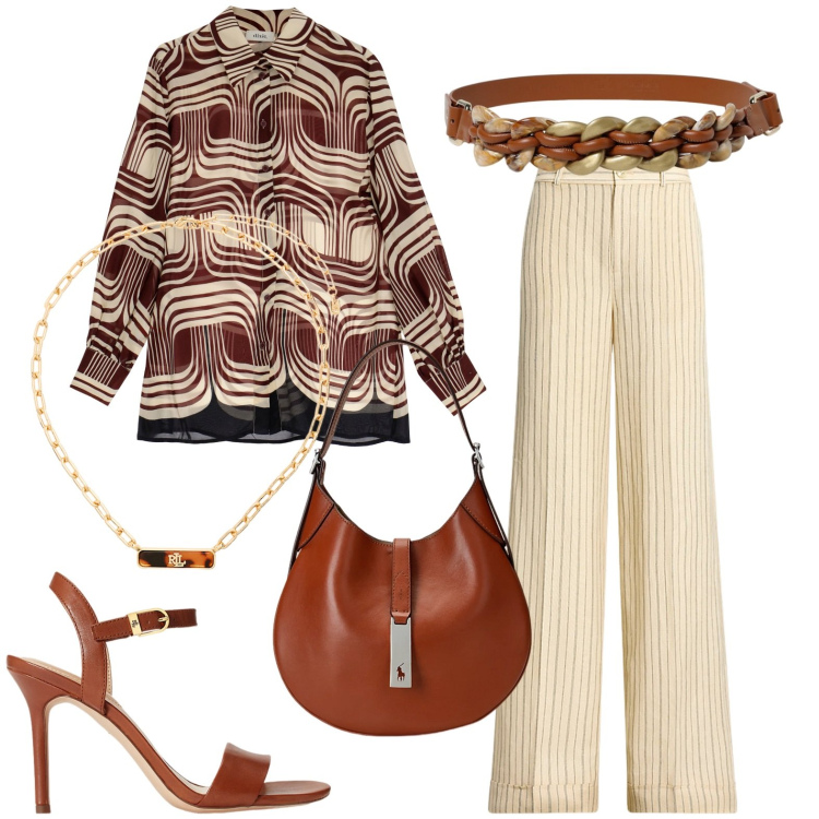 Outfit donna - Total look #1937029. Stile Casual chic per Tutti i giorni. Abbinamento con borse a spalla, pantaloni, sandali in pelle, collane, camicie, cinture.