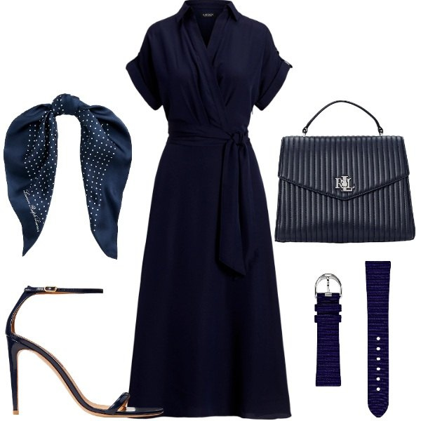 Outfit donna - Il bel blue scuro. Stile Bon Ton per Ufficio. Abbinamento con vestiti lunghi, foulard, borse a mano, orologi, sandali in pelle.