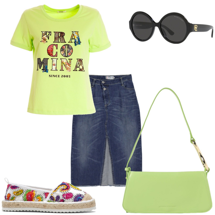 Outfit donna - Passeggiata in città. Stile Casual chic per Tutti i giorni. Abbinamento con espadrillas, t-shirt, gonne, occhiali da sole, borse a spalla.