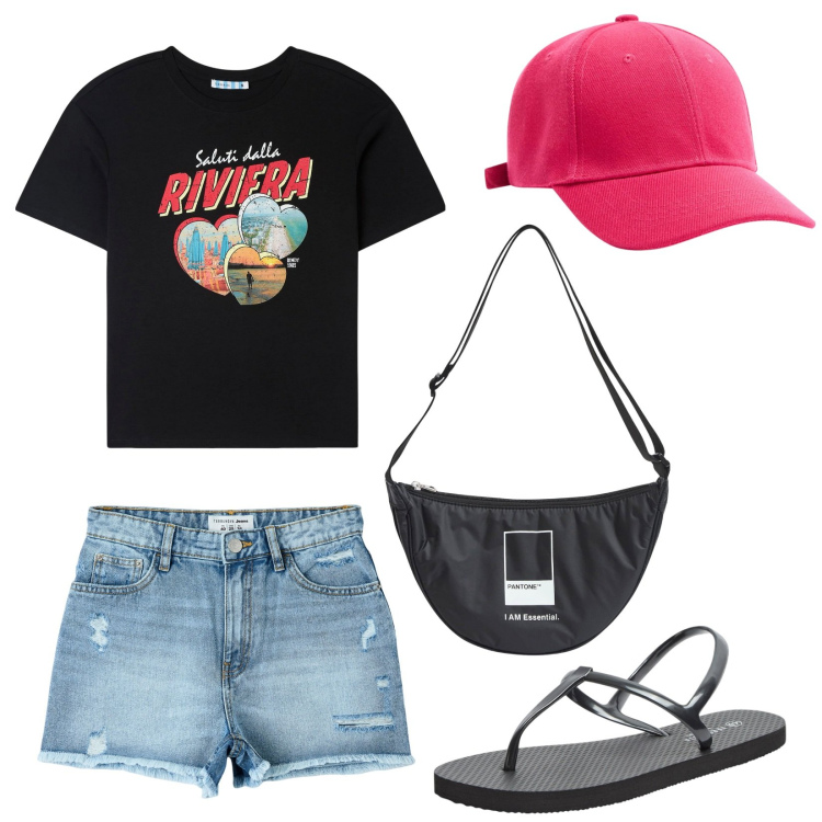 Outfit donna - Terranova vacanze. Stile Basic per Tutti i giorni. Abbinamento con shorts, t-shirt, sandali, marsupi, cappelli.