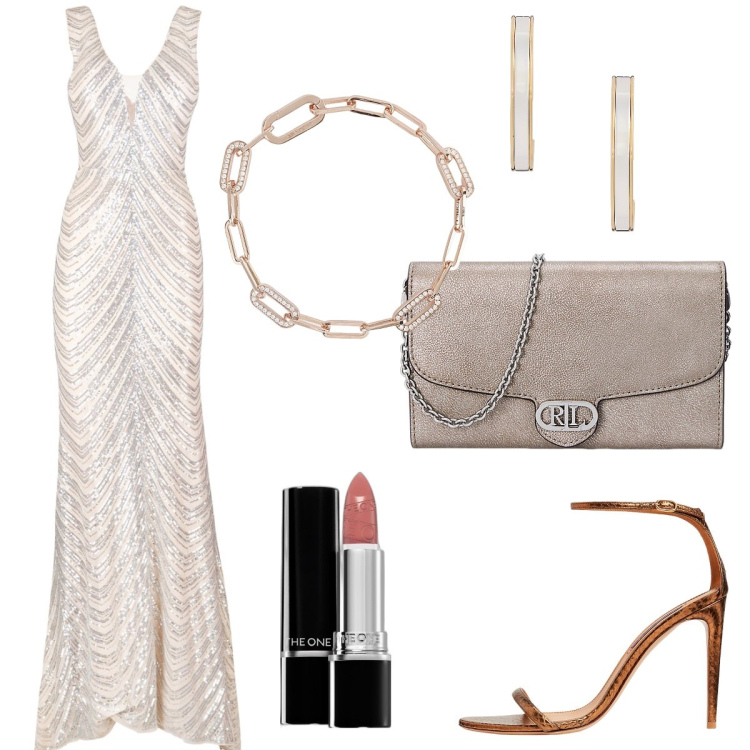 Outfit donna - Scintillante serata estiva. Stile Chic per Serata fuori. Abbinamento con rossetti, braccialetti, vestiti lunghi, sandali col tacco, borse a tracolla, orecchini.