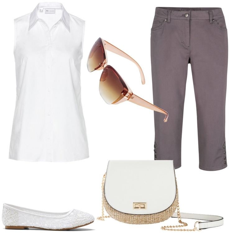 Outfit donna - Summer essentials. Stile Casual per Tutti i giorni. Abbinamento con pantaloni, borse a tracolla, ballerine, occhiali da sole, camicie.