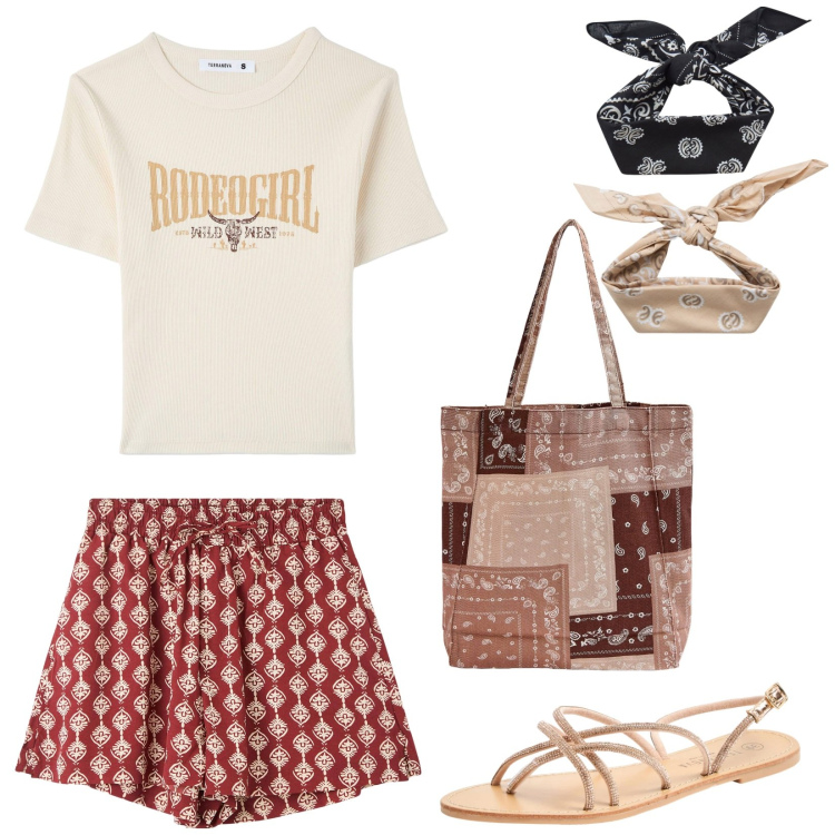 Outfit donna - Terranova vacanza. Stile Boho per Tutti i giorni. Abbinamento con t-shirt, shopping bag, shorts, sandali, fasce per capelli.