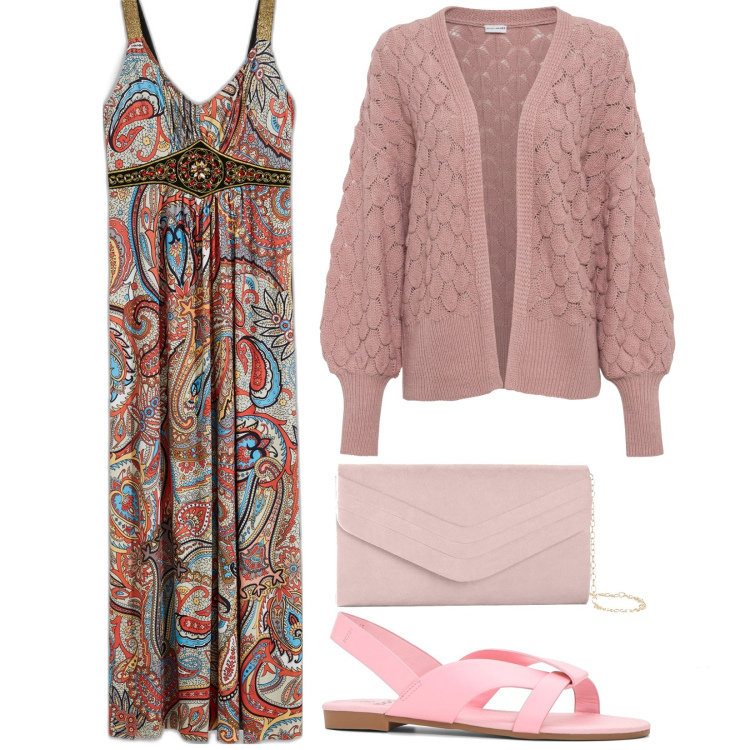 Outfit donna - Ferie in collina. Stile Boho per Serata fuori. Abbinamento con cardigans, pochette, vestiti lunghi, sandali.